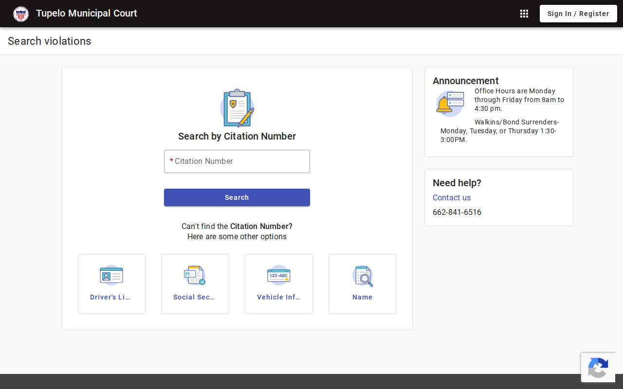 Lee County warrant search modes in Tupelo court portal
