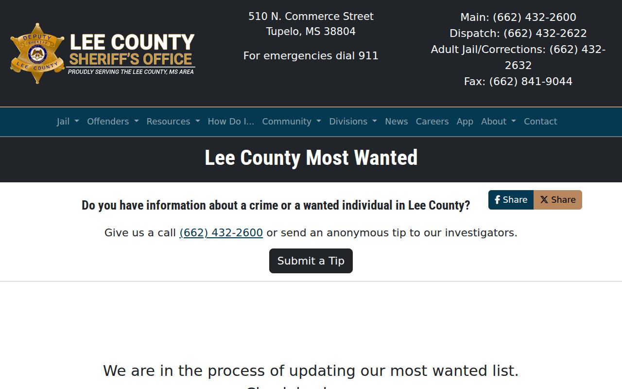 Lee County warrant records official Most Wanted interface
